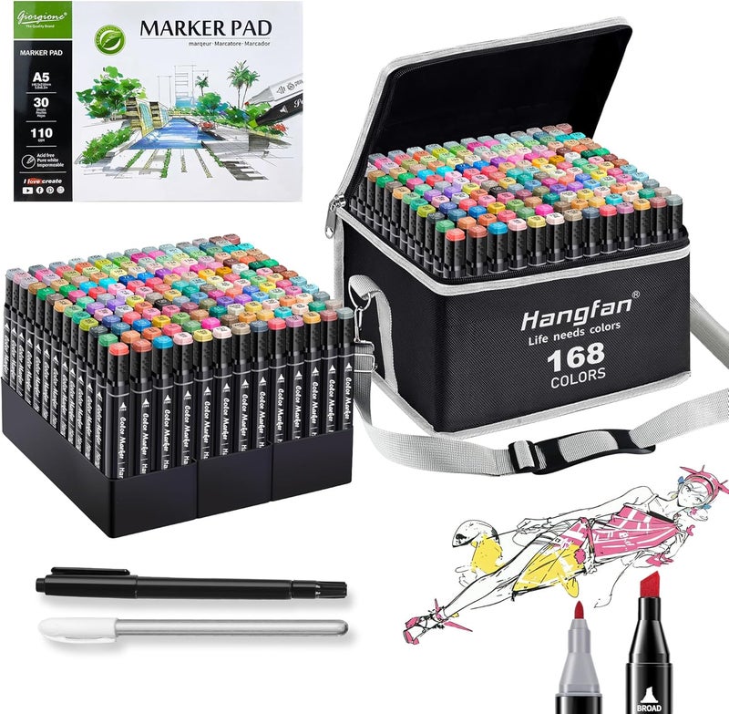 HandFan Alcohol Based Ink Art Markers, 168 Colors Broad&Fine Dual Tip Permanent Markers Pen Set for Professional Student Child Coloring Illustrations Sketch Drawing Painting Card Making (Black) - Image 1